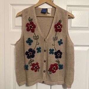Vintage Jantzen Sweater Vest 3D Knit Embroidered Size XL Cottagecore Floral